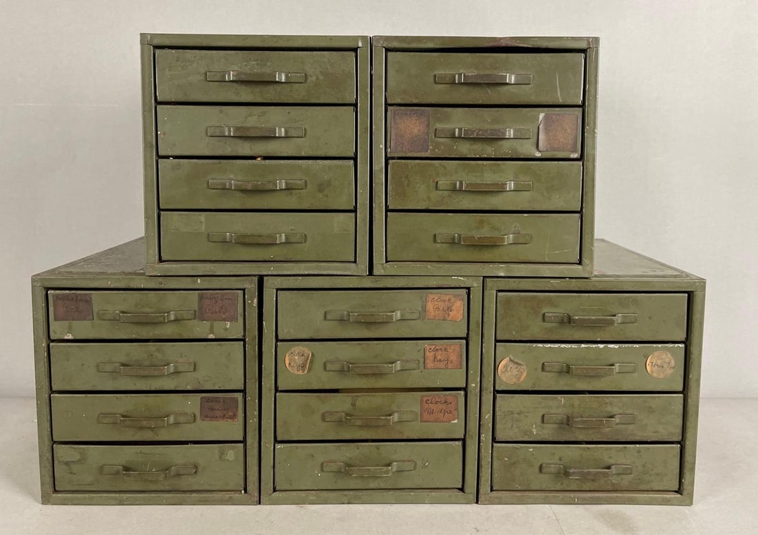 Group of 5 Vintage Swartchild and Co. 4 Drawer Parts Cabinets: Full of clock and Watch making parts, each cabinet measures 6 1/4 inches x 5 3/4 inches x 8 1/2 inches