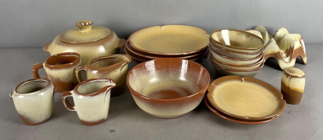 Group of Frankoma Pottery Plainsman Dinnerware: Not all pictured in first photo. Includes 4 plates, casserole, creamer and sugar bowl, and more, plates measure 10 1/4 inches