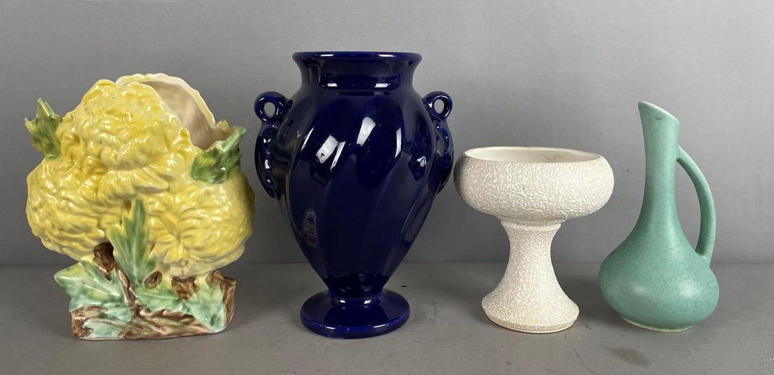 Group of Vintage Pottery Vases: Includes McCoy chrysanthemum, haeger pitcher, tallest measures 9 inches x 6 3/4 inches x 5 1/2 inches