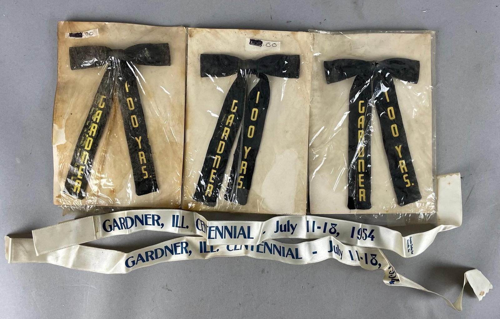 Group of 1954 Gardner Illinois Centennial Souvenirs: Ribbons measure 27 inches