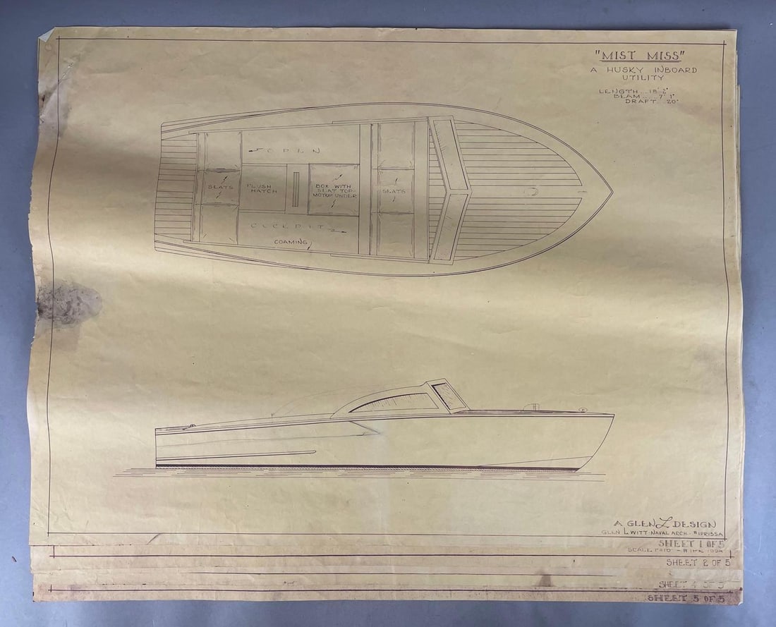Set of 5 Vintage Wood Motor Boat Blueprints: Mist miss by Glen L Design, each measure 21 inches x 28 inches