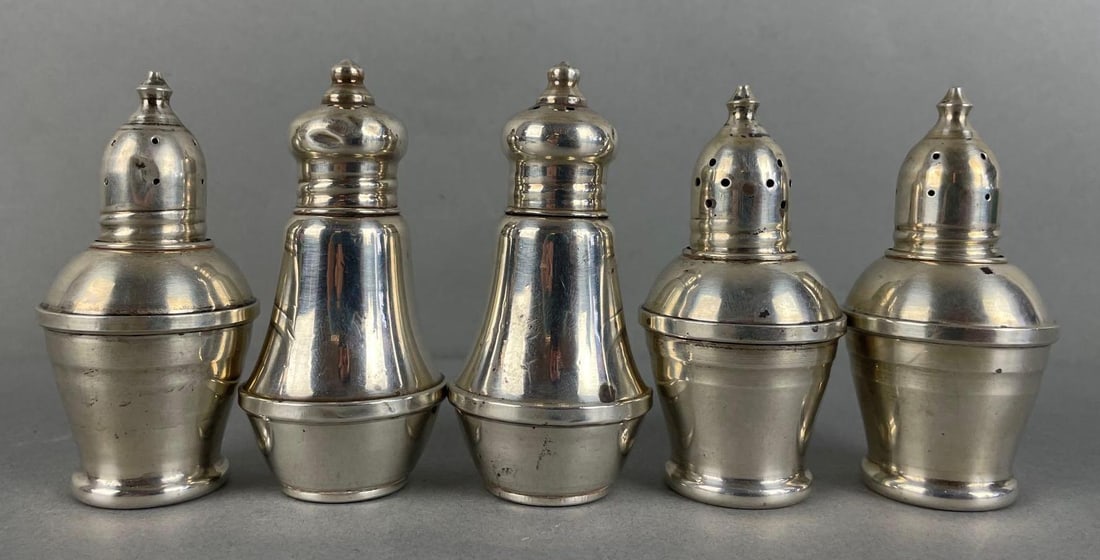 Group of Weighted Sterling Silver Salt and Pepper Shakers: Includes douchin pair, measures 3 1/4 x 1 1/2 inches