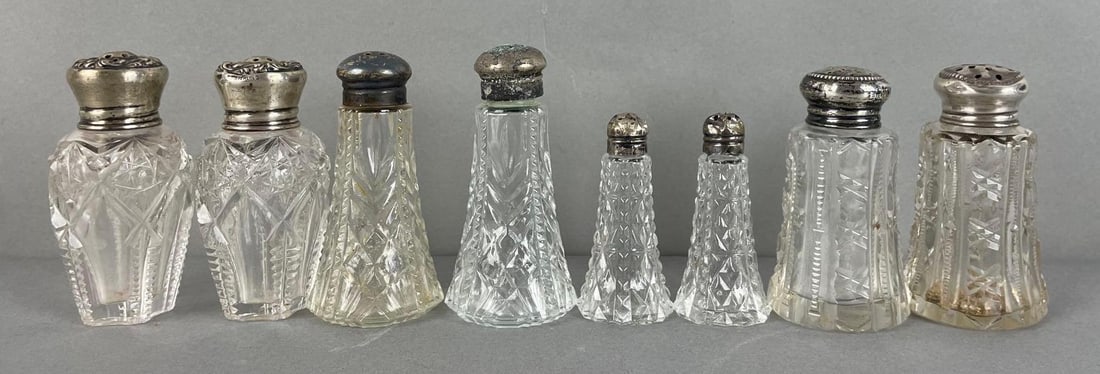 Group of Sterling Silver and Pressed Glass Salt and Pepper Shakers: Tallest measures 3 1/2 x 1 3/4 inches