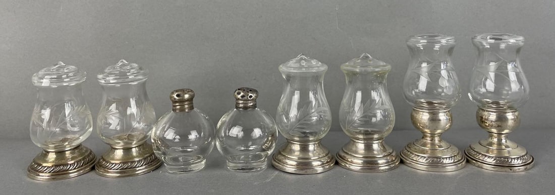Group of Weighted Sterling Silver and Etched Glass Salt and Pepper Shakers: Quaker silver co., largest measures 3 1/4 x 1 5/8 inches