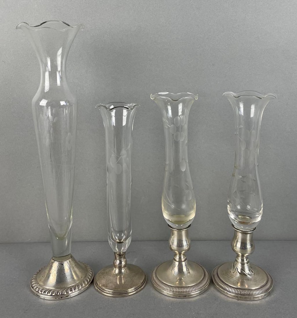 Group of Sterling Silver and Cut Glass Vases: 2 Fisher, largest douchin measures 10 1/4 x 2 1/4 inches