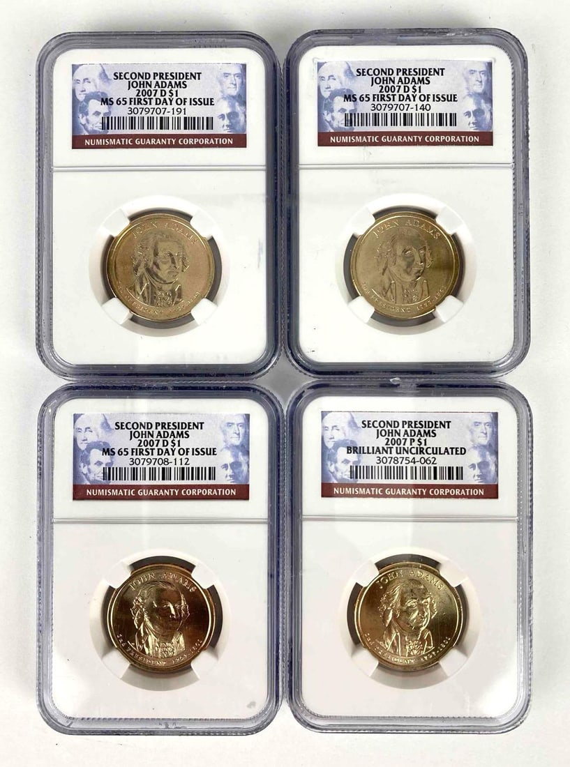 Group of 4 2007 NGC Graded John Adams Golden Dollars: Includes 3 2007-D MS65 First Day of Issue and 1 2007-P Brilliant Uncirculated.