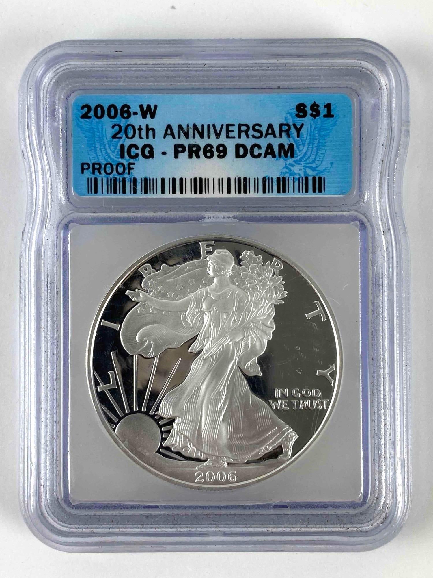 2006 ICG Graded PR 69 DCAM 20th Anniversary $1 US American Silver Eagle 1 oz. Fine Silver Dollar: 2006 ICG Graded PR 69 DCAM 20th Anniversary $1 US American Silver Eagle 1 oz. Fine Silver Dollar