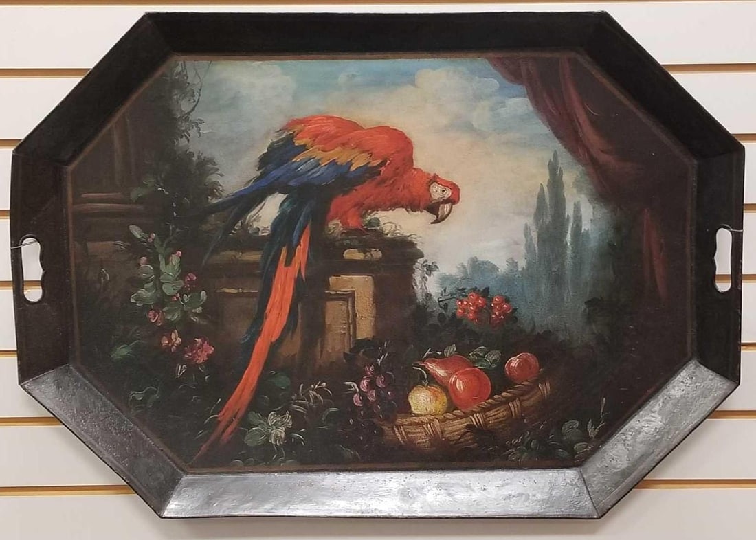 Vintage Large hand painted Parrot serving tray: Hand Painted Parrot with fruit. No markings. 30 x 21 inches