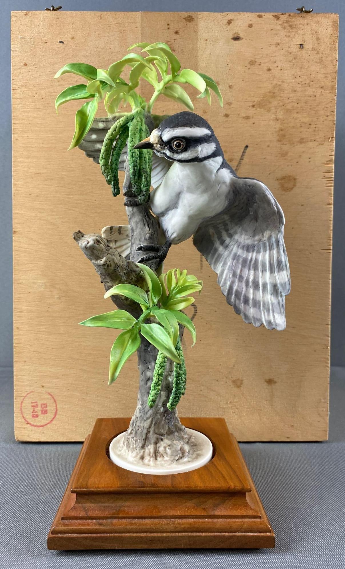 Dorothy Doughty Birds for Royal Worcester Porcelain Downy Woodpecker: Royal Worcesters Downy Woodpeckers and Pecan by Dorothy Doughty. Limited Edition 1 of 500, Signed by Miss Doughty before her death. Porcelain figure on wood base, Cock, appx 6x11.5 inches. Includes or