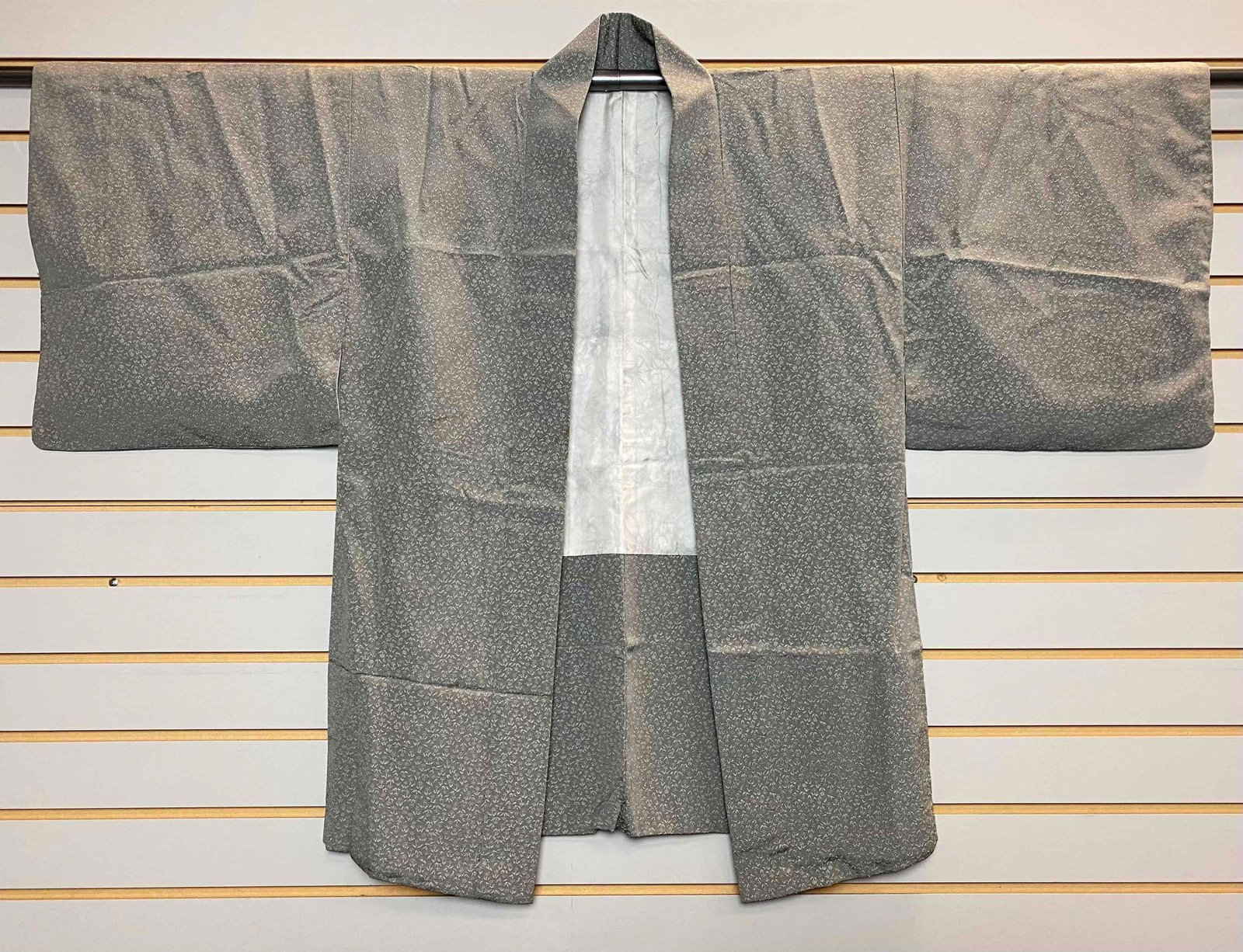 Grey and Light Blue Embroidered Kimono: shoulder - 22 inches, collar to hem - 32.5 inches