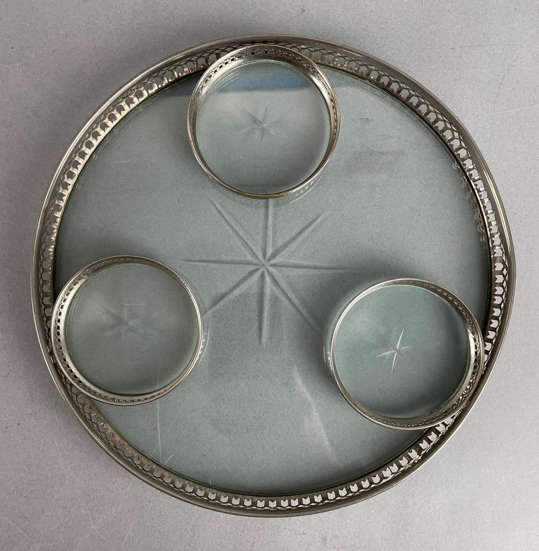 Sternauware Sterling Silver and Cut Glass Tray with 3 Coasters: Sternauware NY, tray dented and missing a cross-hatch. Measures 1 x 9 1/2 inches
