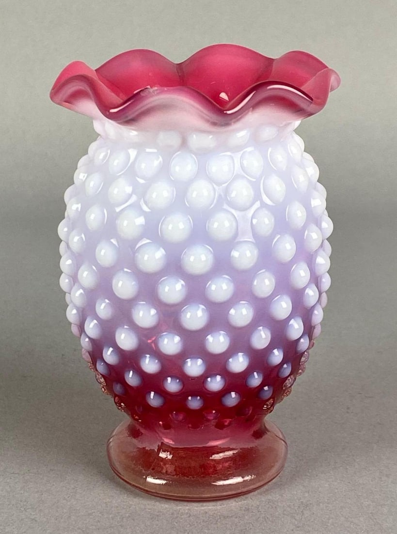 Cranberry Opalescent Ombre Hobnail Art Glass Favor Vase: Features ruffled rim, chip on rim, measures 3 3/4 inches H x 2 1/2 inches W x 2 1/2 inches D