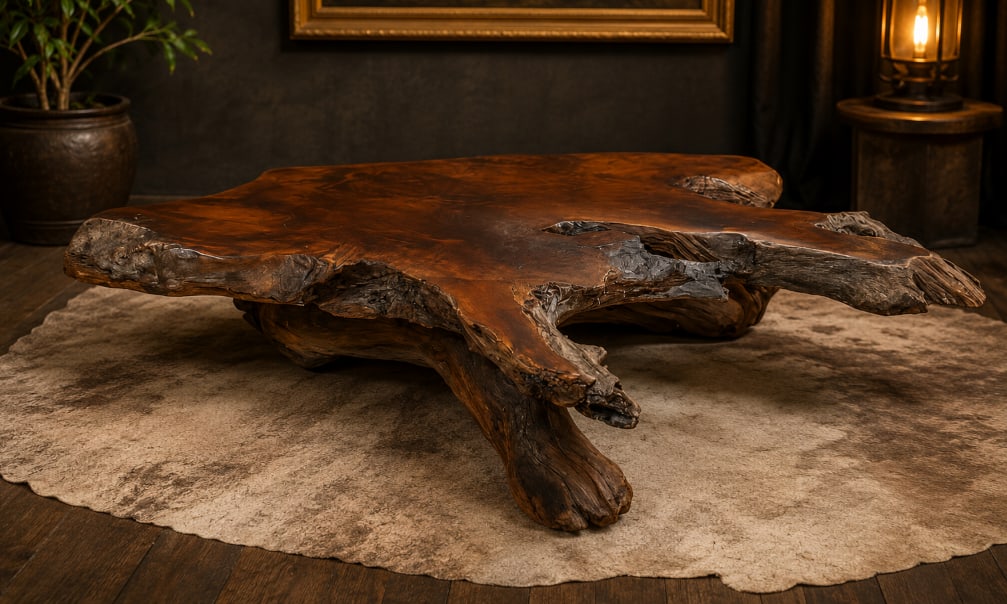 Spectacular Natural Live Edge RedWood Burl Slab Coffee Table: NO IN HOUSE SHIPPING AVAILABLE, THIRD PARTY SHIPPING RECOMMENDED, BRING HELP IF PICKING UP, some wear to feet, measures 14 1/2 inches H x 84 inches W x 47 inches D