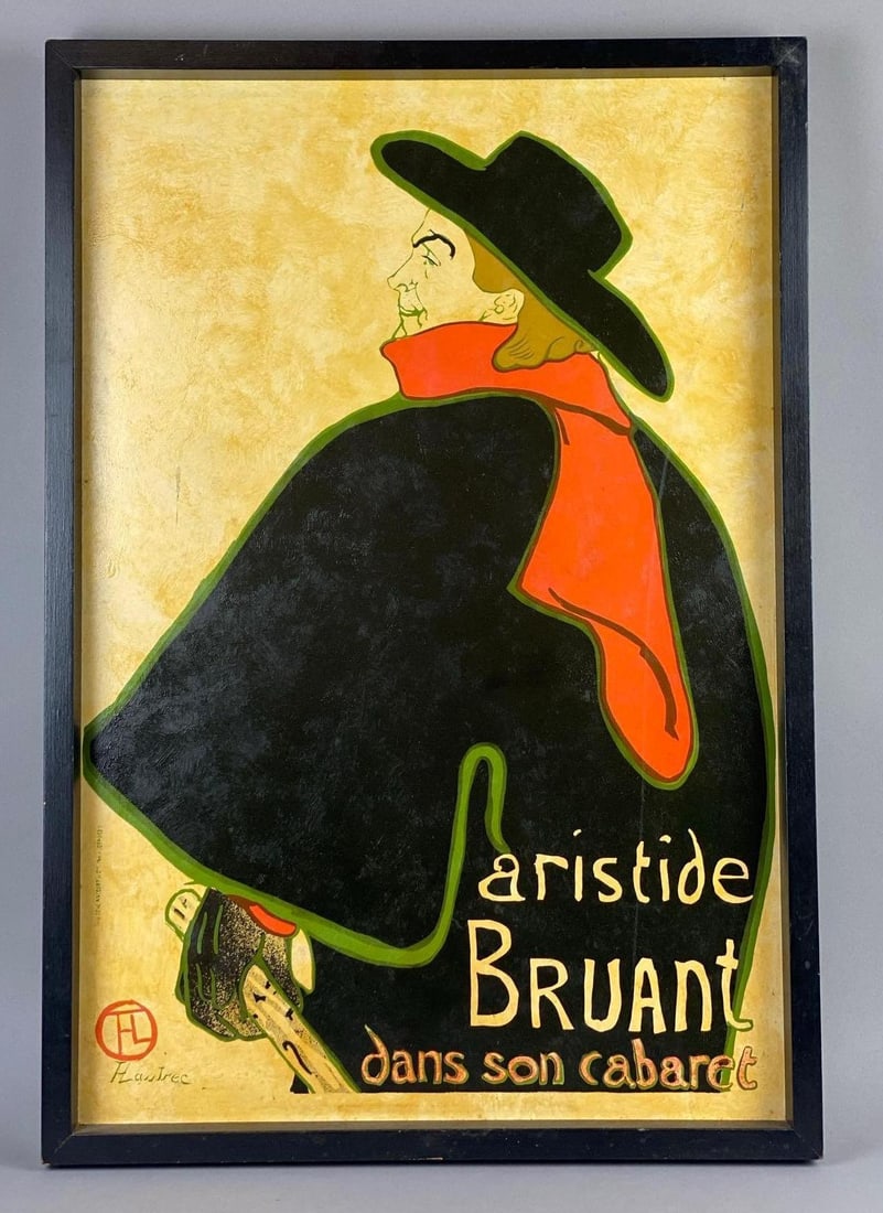 Vintage Framed Reproduction Aristide Bruant Dans Son Cabaret: Copy of the original 1893 poster by Henri De Toulouse-Lautrec. Measures L 28 x W 19 inches