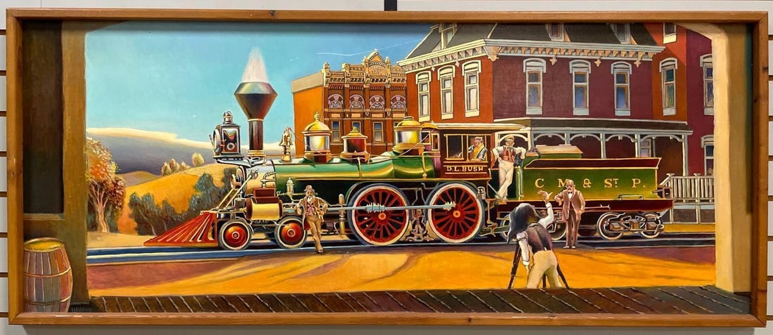 Signed Thomas G. Harcus D.L. Bush Locomotive Oil Painting on Board: 3rd party shipper or pickup. Chicago Milwaukee and St. Paul, scratch on sky, measures