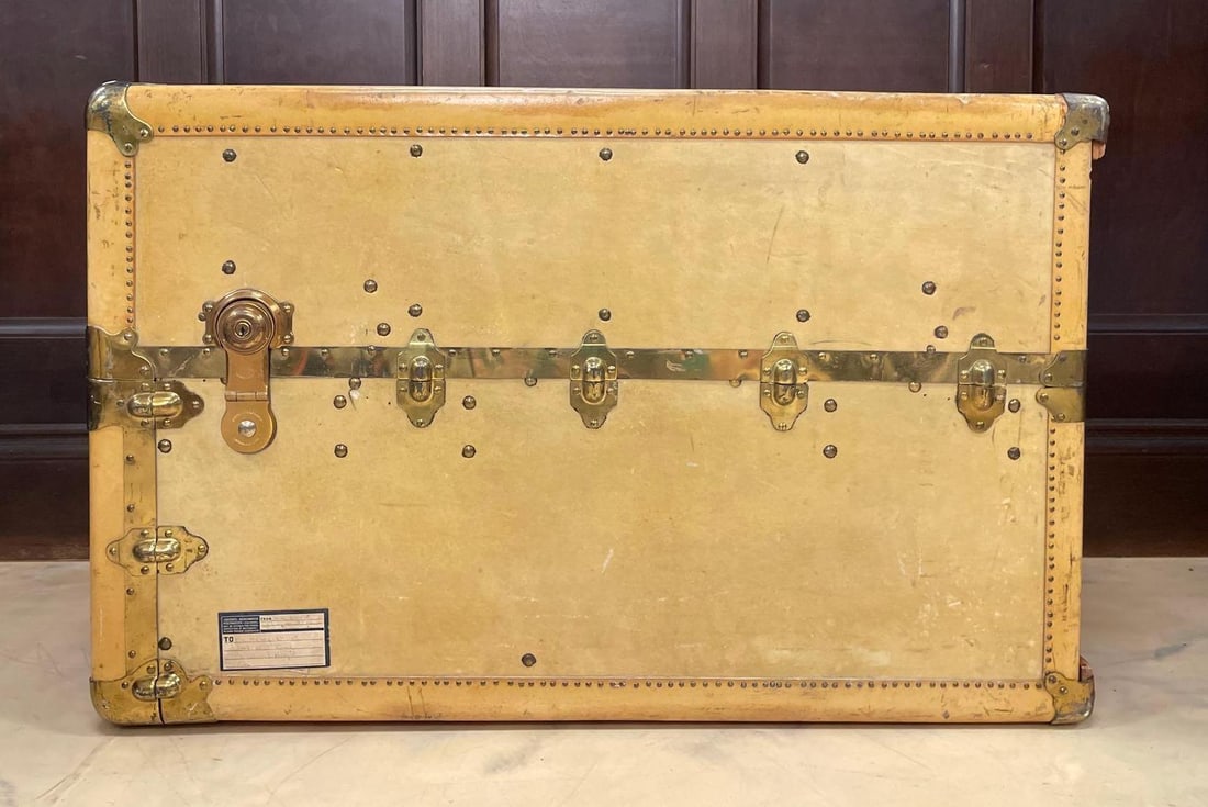 Vintage Wardrobe Steamer Trunk: No in-house shipping available, 3rd party shipper recommended. Includes key, latch opened but did not get trunk to open. Includes address stickers, measures 26 inches x 42 inches x 22 1/2 inches