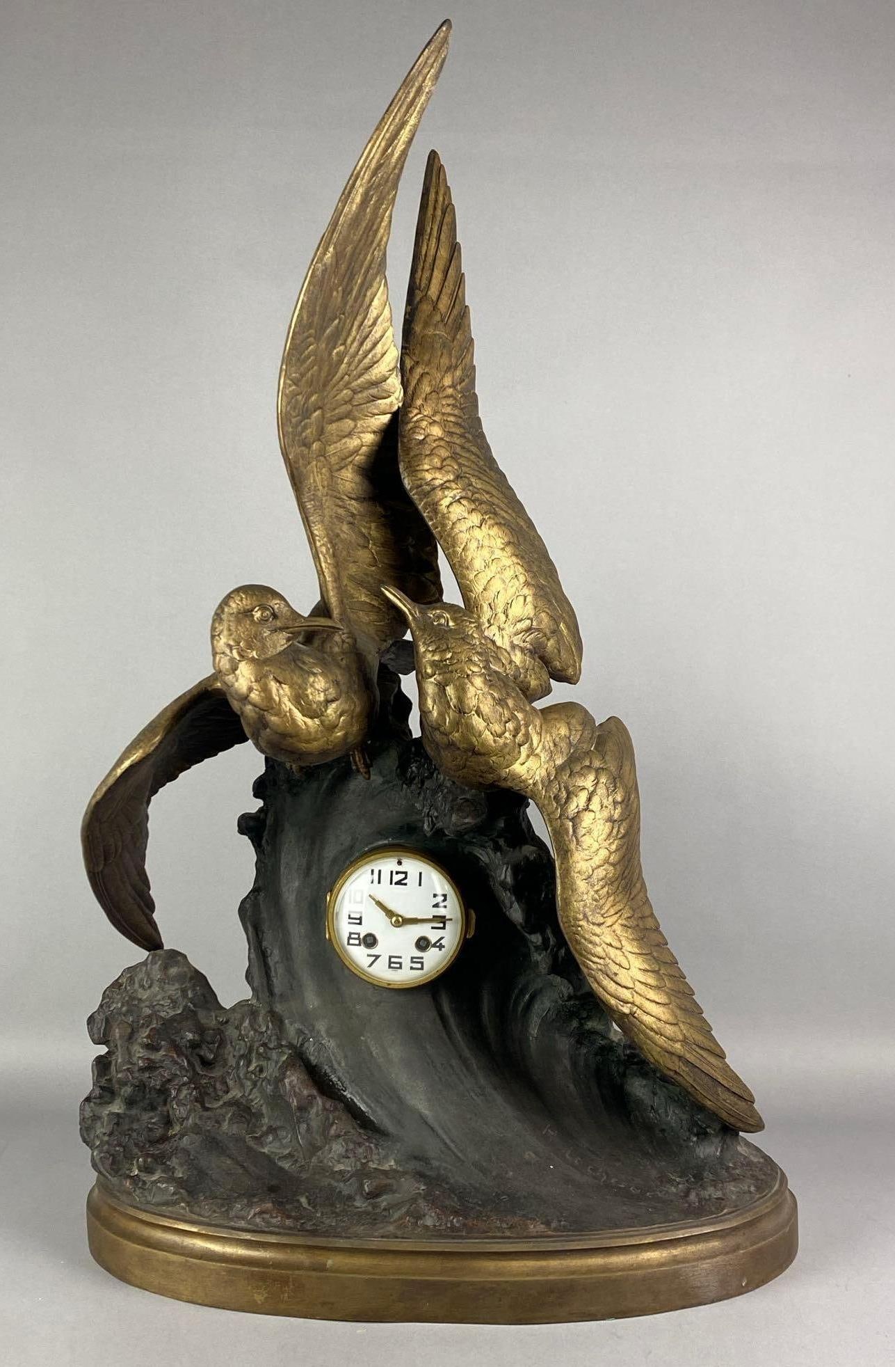 Antique Henri Lechesne Signed Cast Iron Seagulls on the Wave Mantel Clock: THIRD PARTY SHIPPING RECOMMENDED, did not function in test, Includes original key and alternate pendulum, chime bell is included but taken off for photos, measures 30 inches H x 20 inches W x 9 1/2 in