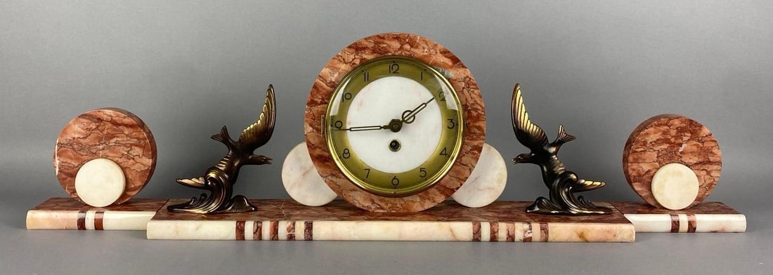 Art Deco Tedd Signed Red White Marble 3 Piece Mantel Clock Set: In working condition, no key included, features brass seagulls, mantel clock measures 8 3/4 inches H x 20 inches W x 3 1/2 inches D
