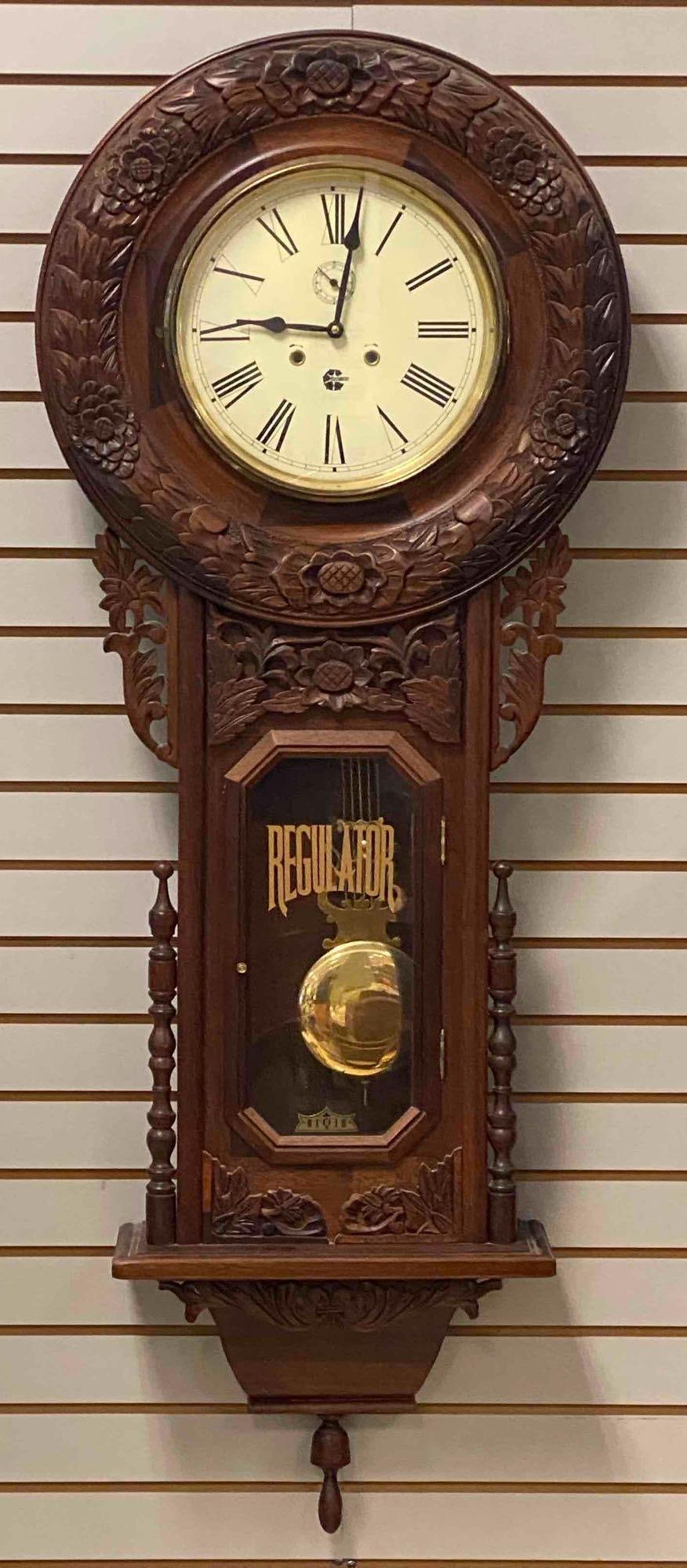 Antique Regulator Westminster Floral Motif Carved Wood Wall Pendulum Clock (1 of 3)