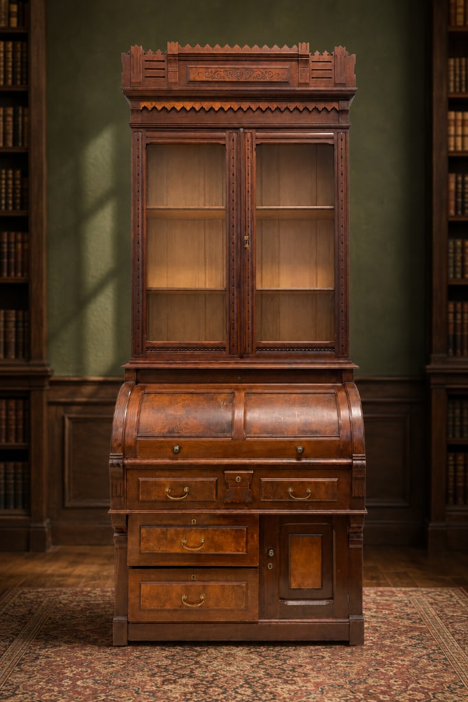 Antique Victorian Walnut Cylinder Secretary: No in-house shipping available, 3rd party shipper or pickup. Burl walnut accents, glass cabinet separates from desk, includes key, bottom drawer very sticky, veneer on cylinder bubbled, measures 96 1/