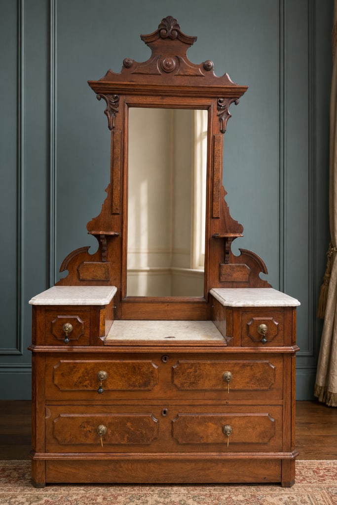 Antique Victorian Walnut Drop Well Dresser with Marble (1 of 6)
