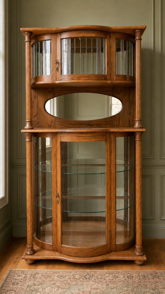 Oak Curved Glass Lighted Curio Cabinet with Mirror: No in-house shipping available, 3rd party shipper or pickup. Mirror broken on right side, etched paneled glass on top cabinet, 2 glass shelves, measures 75 inches x 46 inches x 18 inches