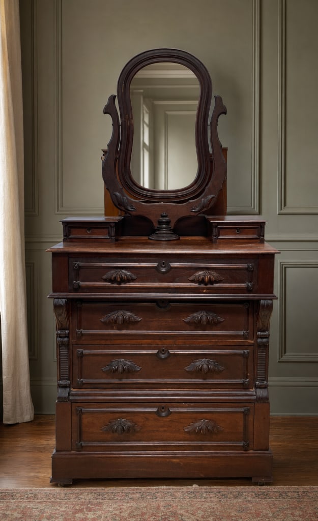 Antique Victorian Walnut Dresser with Wishbone Swivel Mirror: No in-house shipping available, 3rd party shipper or pickup. Mirror not attached, 2 jewelry boxes, casters, both side panels cracked, back reads Wagner, Cedar Rapids Iowa, measures 49 inches x 39 1/2