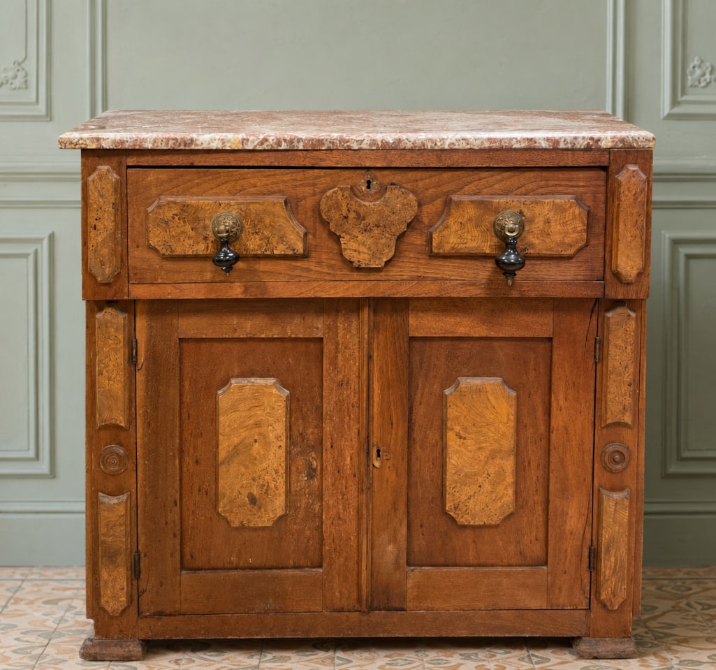 Antique Victorian Walnut Washstand with Marble Top: No in-house shipping available, 3rd party shipper or pickup. Side panels cracked, no key, Burled accents, measures 29 inches x 29 3/4 inches x 16 3/4 inches
