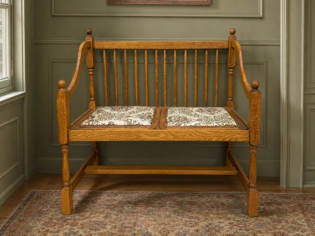 Oak Spindle-Back Settee: No in-house shipping available, 3rd party shipper or pickup. Removable seats with cushions, measures 35 3/4 inches x 38 inches x 20 inches