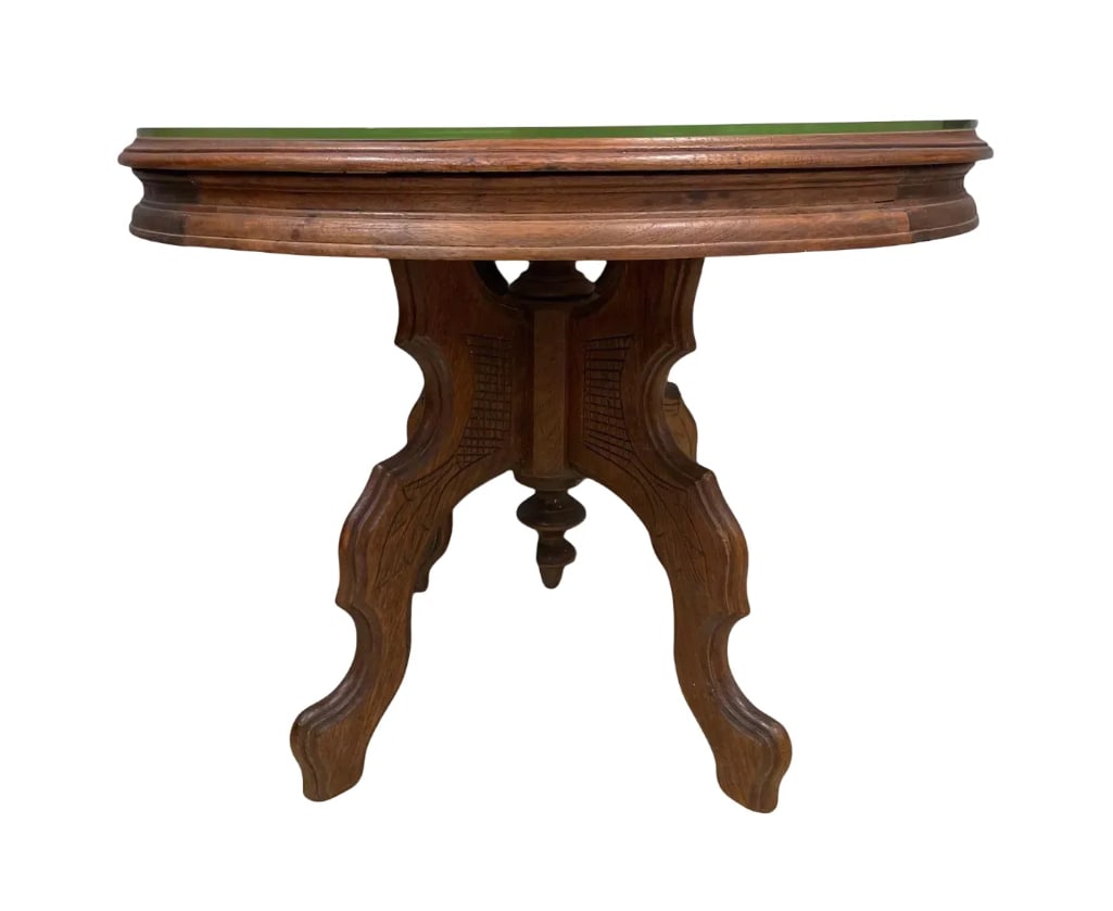 Antique Walnut Oval Side Table: 3rd party shipper recommended, carved legs, glass top, measures 18 inches x 23 3/4 inches x 17 1/2 inches