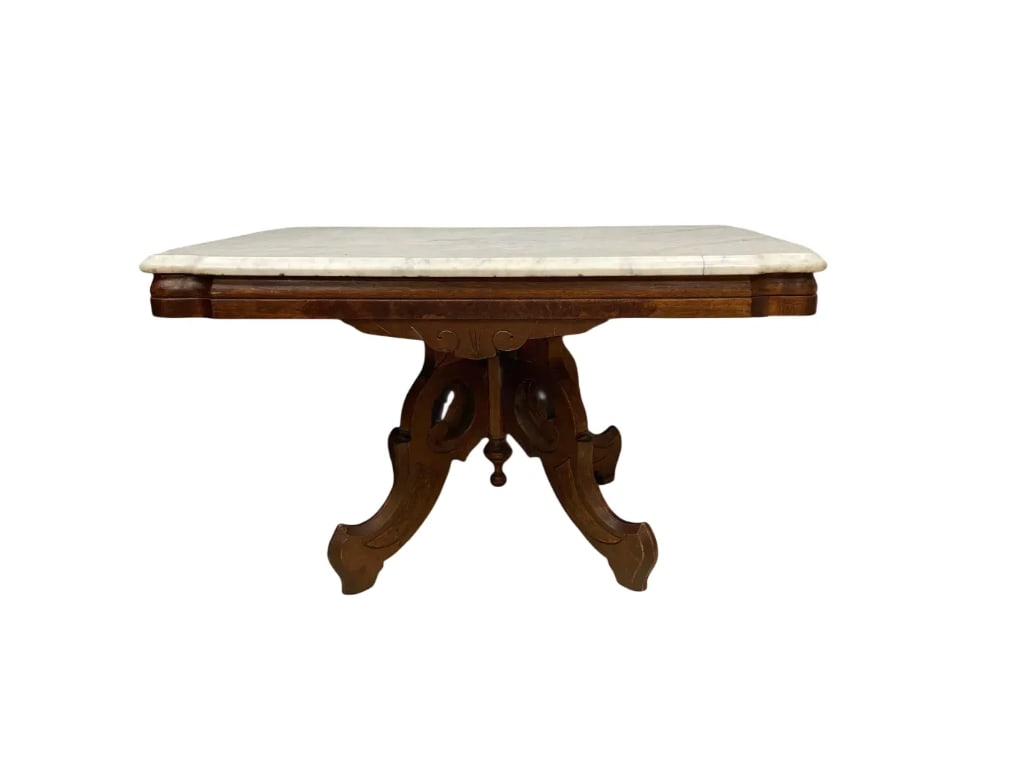Antique Walnut Coffee Table with Marble Top: No in-house shipping available, 3rd party shipper or pickup. Hairline crack in top, some appliqu? veneer peeling, measures 18 1/4 inches x 32 1/4 inches x 22 inches