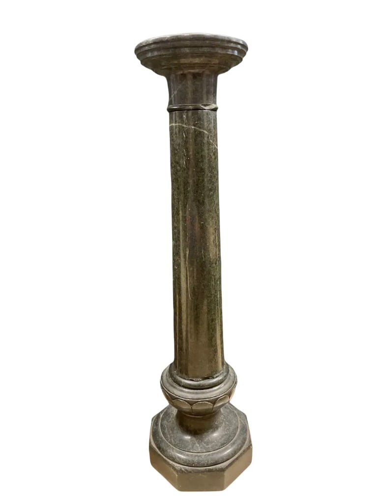Vintage Dark Green Marble Pedestal: No in-house shipping available, 3rd party shipper or pickup. 4 pieces, some chips - mainly on center pillar, measures 41 1/2 inches , 11 inches base, 9 1/2 inches top