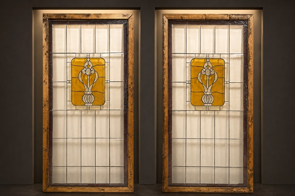 Group of 2 Antique Art Nouveau Beveled and Stained Glass Panels: No in-house shipping available, 3rd party shipper recommended. Wood frame for protection panels measure roughly 79 inches x 35 inches