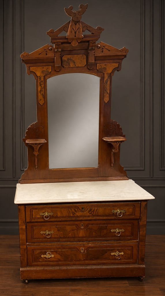 Antique American Renaissance Revival Marble Top Vanity Dresser: No in house Shipping, third party recommended. Missing keys. H 95 x W 14 x L 44 inches.