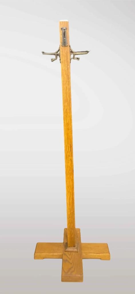 Vintage Wood Coat Rack: Base needs to be tightened. Measures 59 inches tall. No in house shipping, third party recommended.