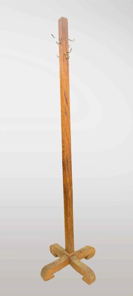 Vintage Wood Coat Rack: Base needs to be tightened. Measures 72 inches tall. No in house shipping, third party recommended.