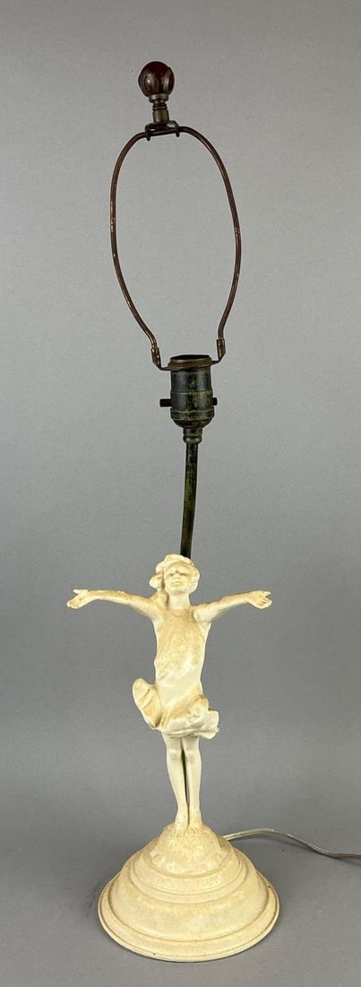 Antique The Good Fairy Spelter Metal Nymph Table Lamp: In working Condition, cord has been rewired, measures H 28 x W 6 1/2 x D 6 inches.