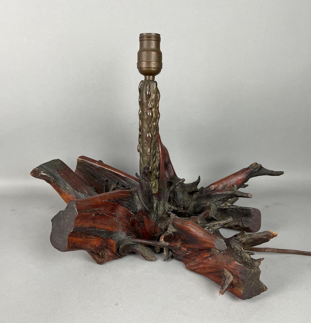 Antique Driftwood Table Lamp with Bronze Candle Drip: Bronzed candle drip with pull chain, untested - needs rewired, measures 13 inches x 19 inches x 13 inches