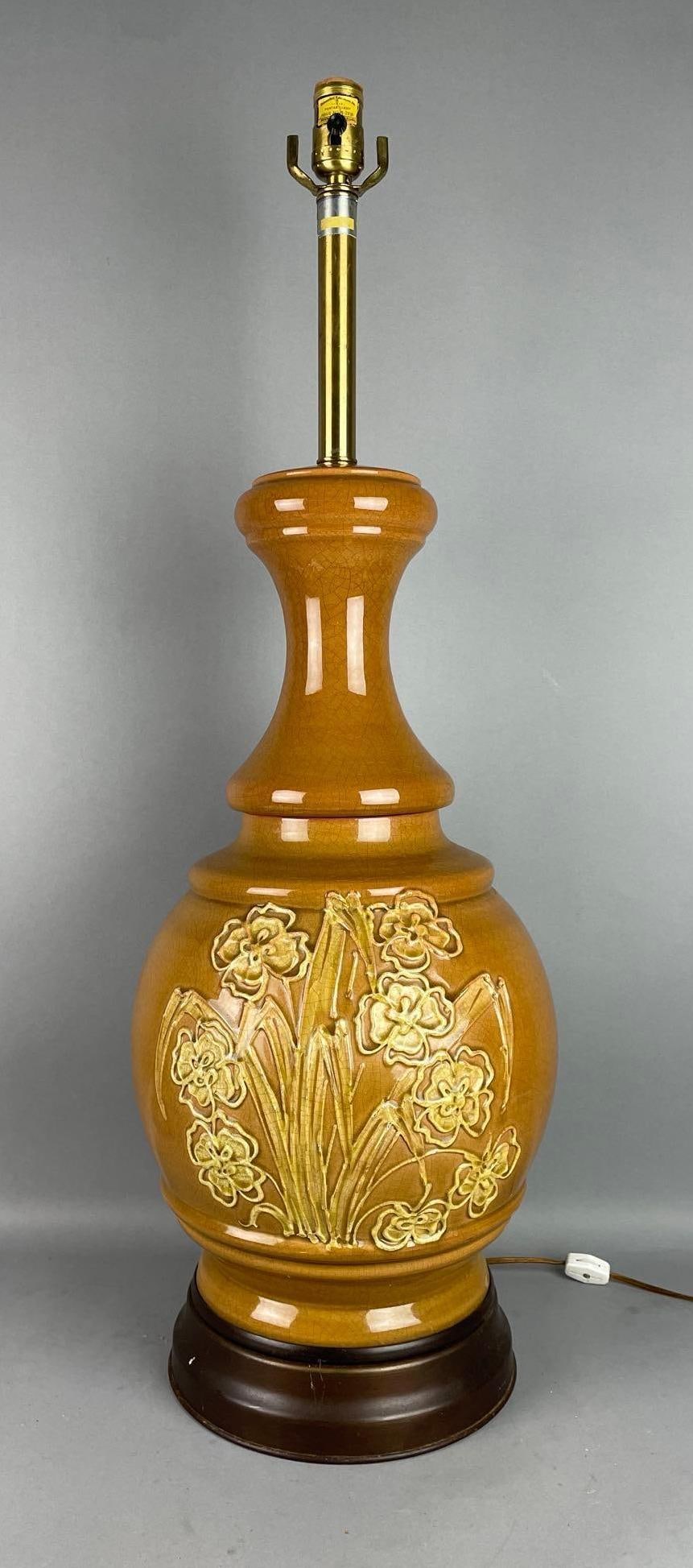 Vintage Marbro Floral Motif Crackle Glaze Ceramic Table Lamp: MCM style, some small chips on flowers, did not work in test, measures 34 inches x 11 inches