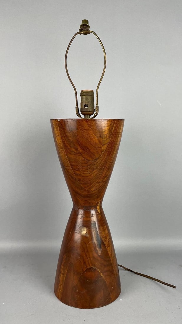 MCM Walnut Hourglass Table Lamp: Needs rewired, some scuffs, measures 36 inches to finial top x 7 inches