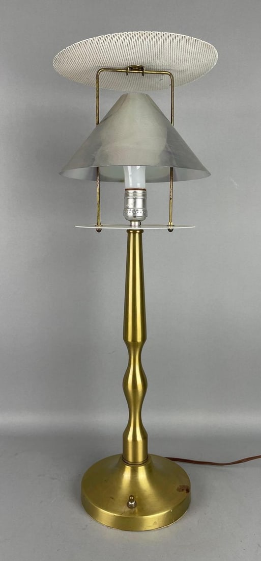 MCM Brass Table Lamp with Diffuser: Working condition, missing top finial, measures 25 inches x 9 inches