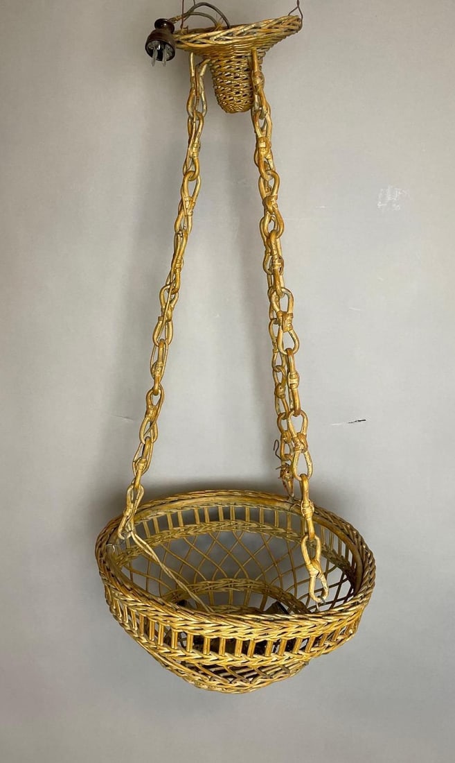 Vintage Wicker Hanging Basket Pendant Light Fixture: Needs rewired, measures 32 inches x 14 inches
