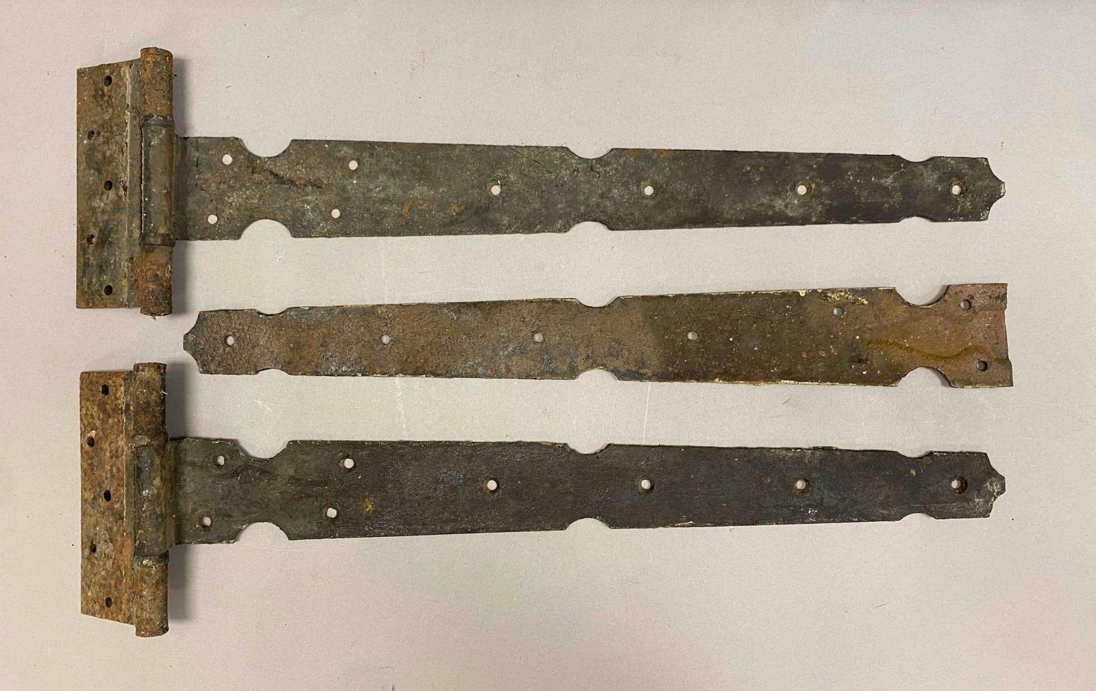 Group of 3 Cast Iron Door Hinges: Rust shown, largest each measure 7 1/2 inches H x 27 inches W