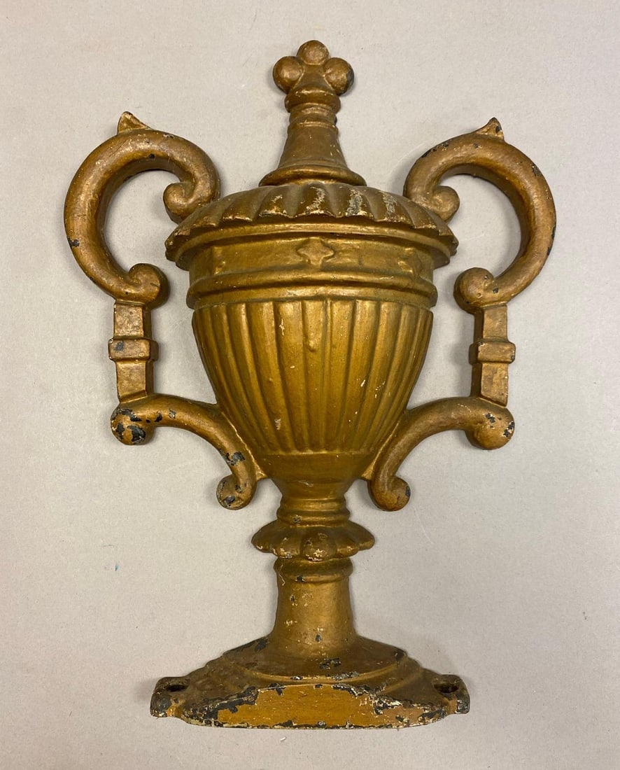 Antique Cast Iron Fireplace Mantel Urn Relief: Measures 18 inches H x 13 inches W x 4 inches D