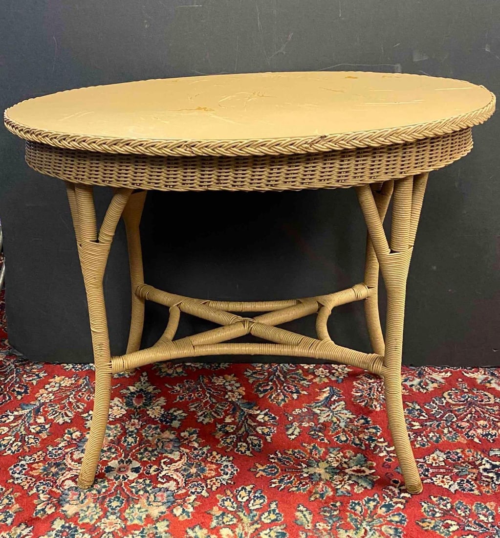 Vintage Lloyd Loom Wicker Accent Table: Measures H 30 x W 24 1/2 x L 26 1/2 inches. No in house Shipping, third party recommended.