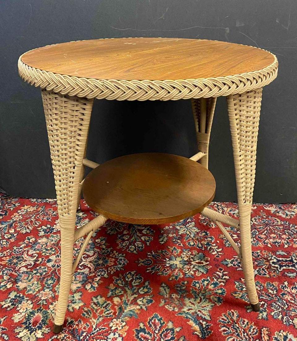 Vintage Round Wicker Accent Table: Measures H 19 x W 30 inches. No in house Shipping, third party Recommend.