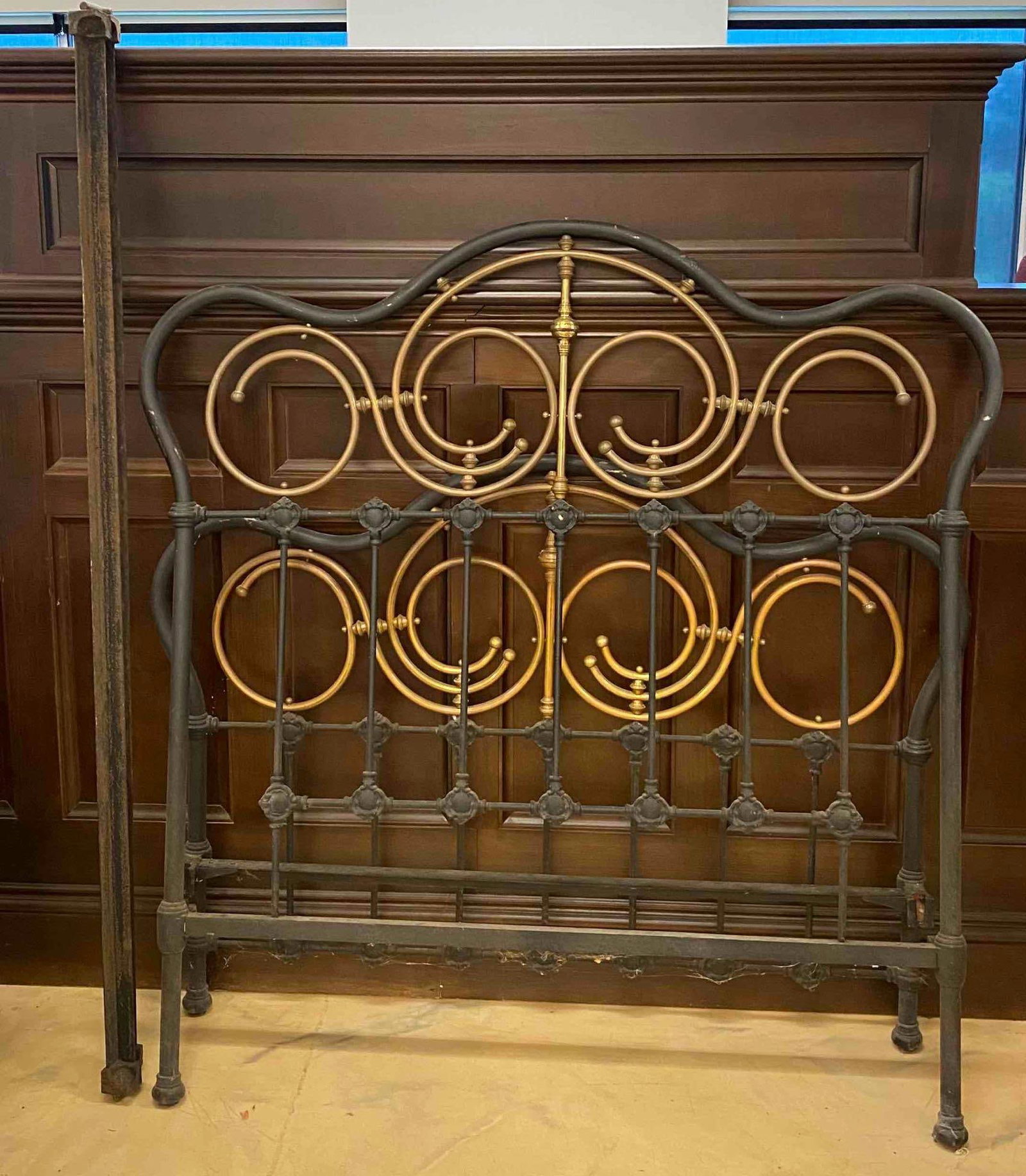 Antique Cast Iron Art Deco Full Size Bed frame: Includes side rails. No In house shipping, third party recommended.