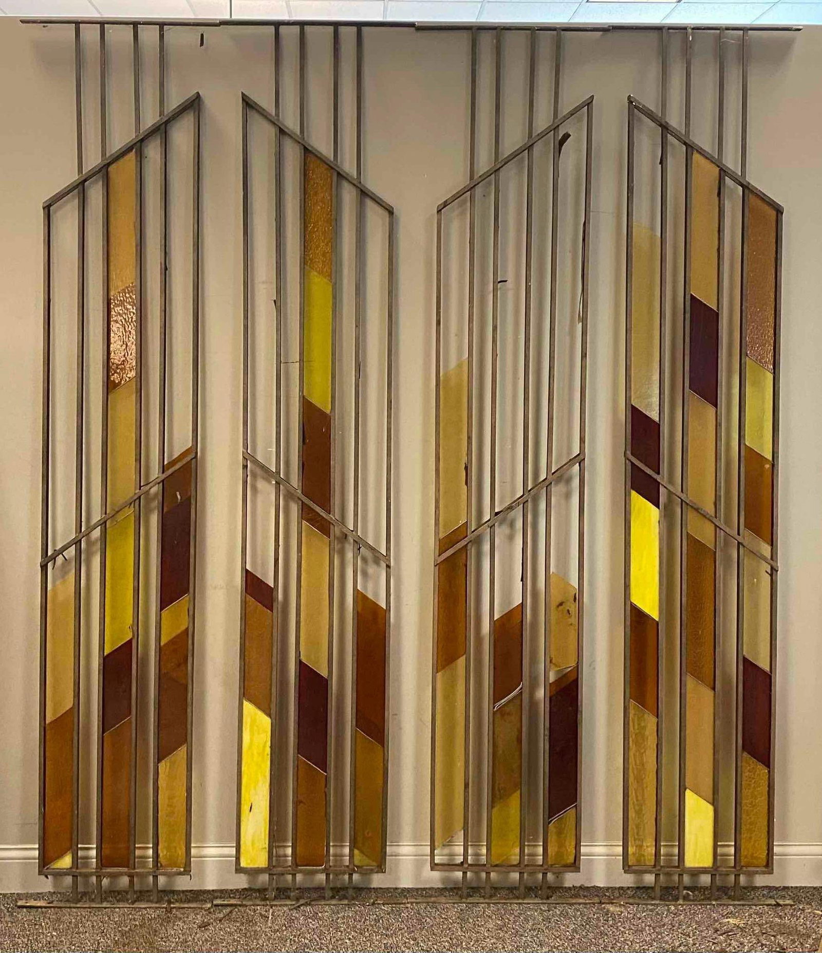 Group of 4 Frank Lloyd Wright Style Stained Glass Iron Fence pieces: Measure 96 inches tall. Missing/ Broken Glass Panels. No in house Shipping, third party recommended.