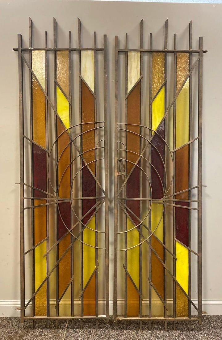 Group of 2 Frank Lloyd Wright Style Stained Glass Iron Fence Gate pieces: Measure 96 inches tall. Missing/ Broken Glass Panels. No in house Shipping, third party recommended.