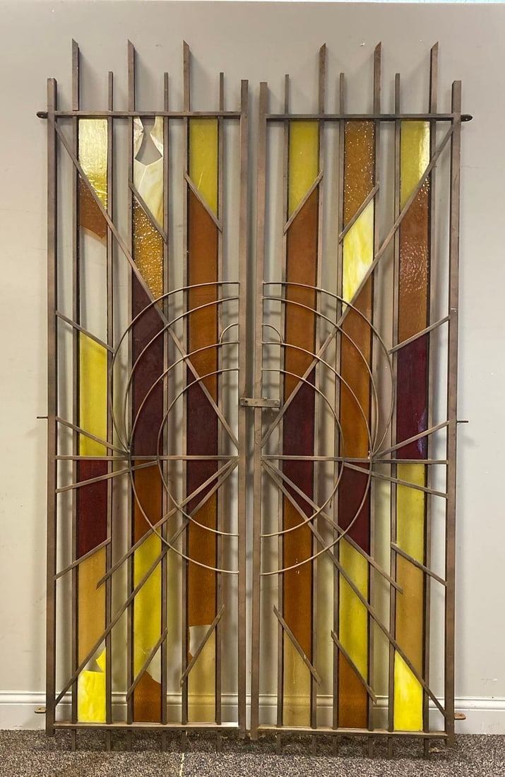Group of 2 Frank Lloyd Wright Style Stained Glass Iron Fence Gate pieces: Measure 96 inches tall. Missing/ Broken Glass Panels. No in house Shipping, third party recommended.